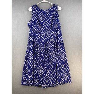 AGB Dress Women Size 14 Blue White Ikat Sleeveless Fit & Flare Midi Dress